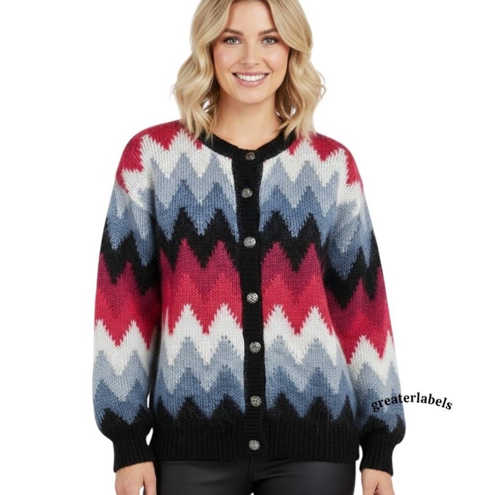 Susan Bristol Vintage 90s Wool Blend Zigzag Knit Cardigan Sweater Size S